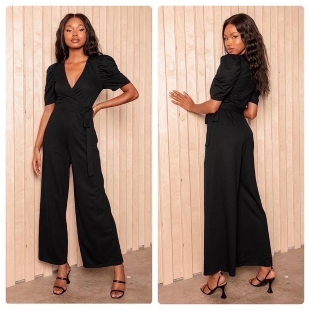 NWT Lulu’s Top Priority Black Puff Sleeve Faux Wrap Jumpsuit GG20
